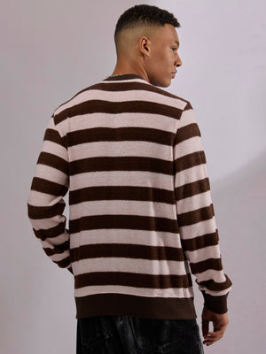 men's dark brown stripped crew neck sweater , blended from cotton and polyster.