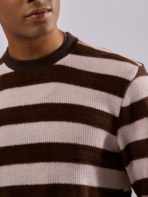men's dark brown stripped crew neck sweater , blended from cotton and polyster.