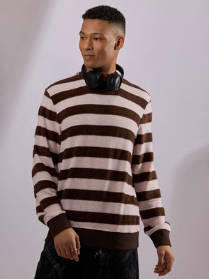 men's dark brown stripped crew neck sweater , blended from cotton and polyster.
