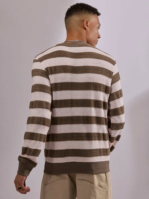 men's black stripped crew neck sweater , blended from cotton and polyster.