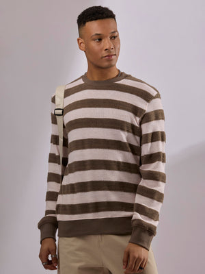 men's black stripped crew neck sweater , blended from cotton and polyster.