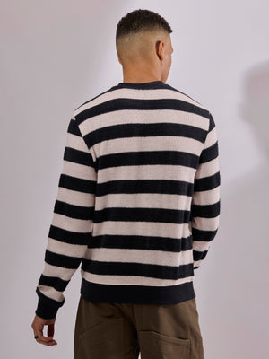 men's black stripped crew neck sweater , blended from cotton and polyster.