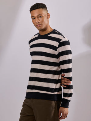 men's black stripped crew neck sweater , blended from cotton and polyster.