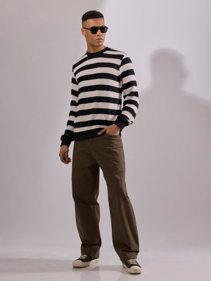 men's black stripped crew neck sweater , blended from cotton and polyster.