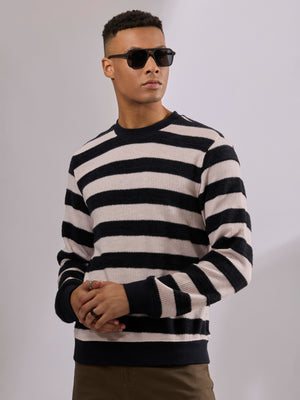 men's black stripped crew neck sweater , blended from cotton and polyster.