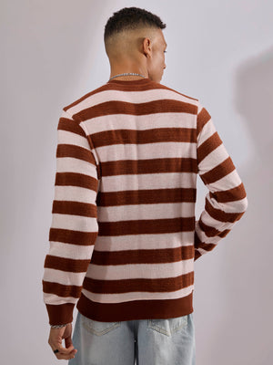 men's brick red stripped crew neck sweater , blended from cotton and polyster.