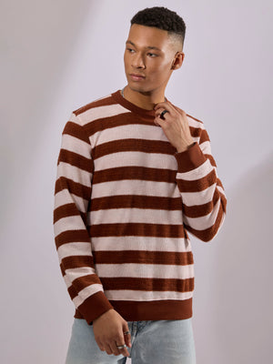 men's brick red stripped crew neck sweater , blended from cotton and polyster.