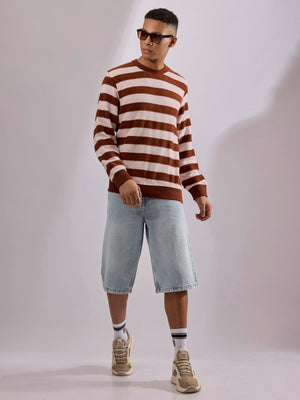 men's brick red stripped crew neck sweater , blended from cotton and polyster.