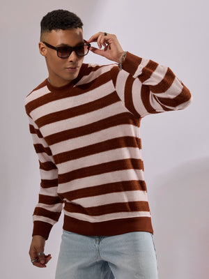 men's brick red stripped crew neck sweater , blended from cotton and polyster.