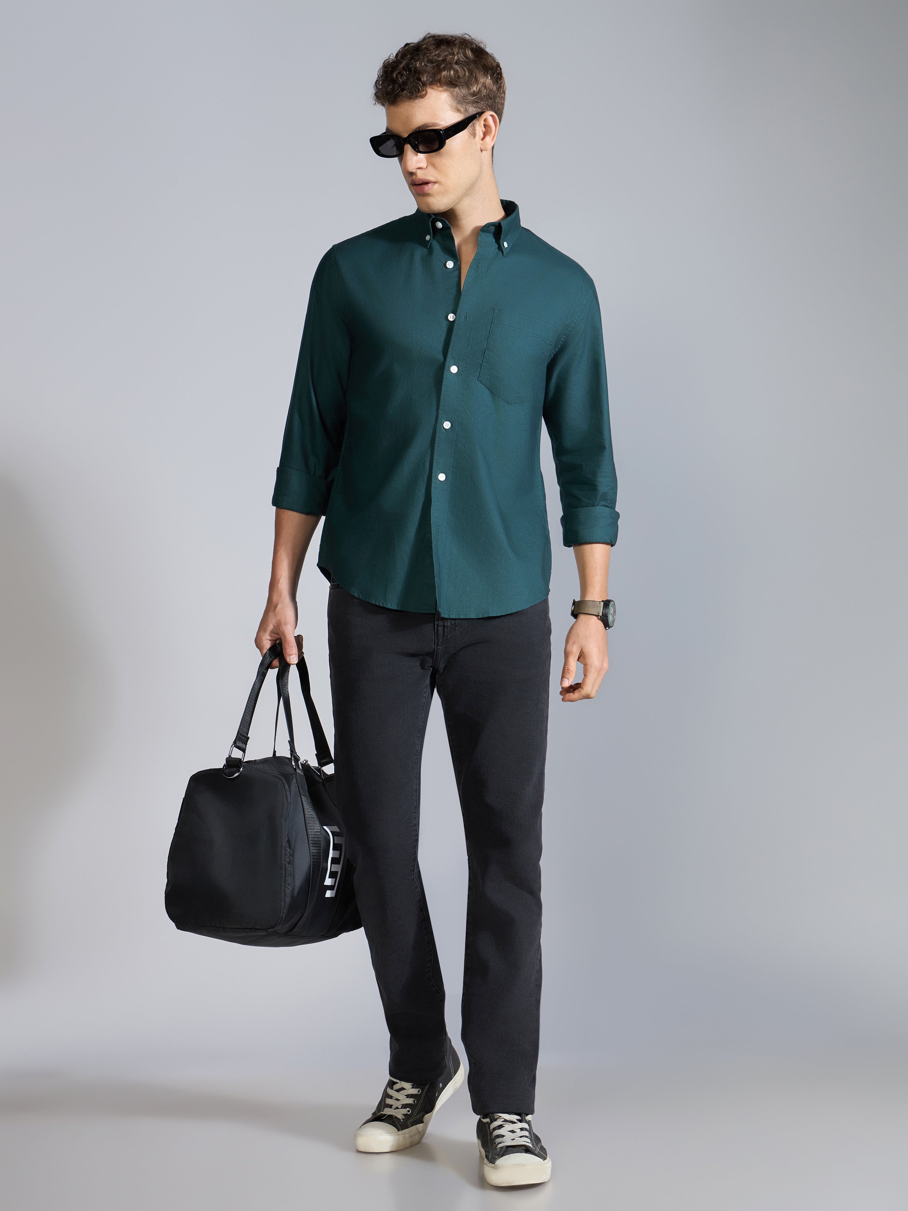 Orbit - Relaxed Fit Oxford Shirt With Elbow Patch - Dark Green