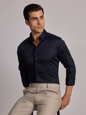 Yoyona - Turkish Fit Satin Shirt - Dark Navy - Espanshe