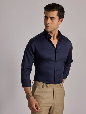 Yoyona - Turkish Fit Satin Shirt - Ink Blue - Espanshe