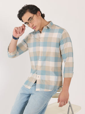 Men's Turkish Fit Checked Shirt - blue and beige