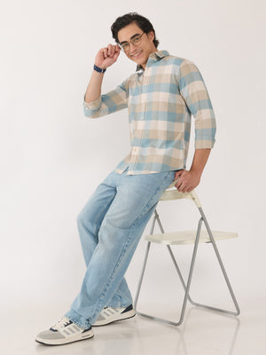 Men's Turkish Fit Checked Shirt - blue and beige