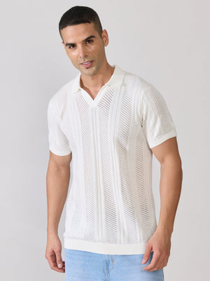Kikeos-3 - Regular Fit Textured Open Knit Polo T-Shirt - White - Espanshe