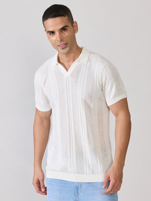 Men's Regular Fit Textured Open Knit Polo T-Shirt in White