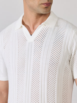 Men's Regular Fit Textured Open Knit Polo T-Shirt in White