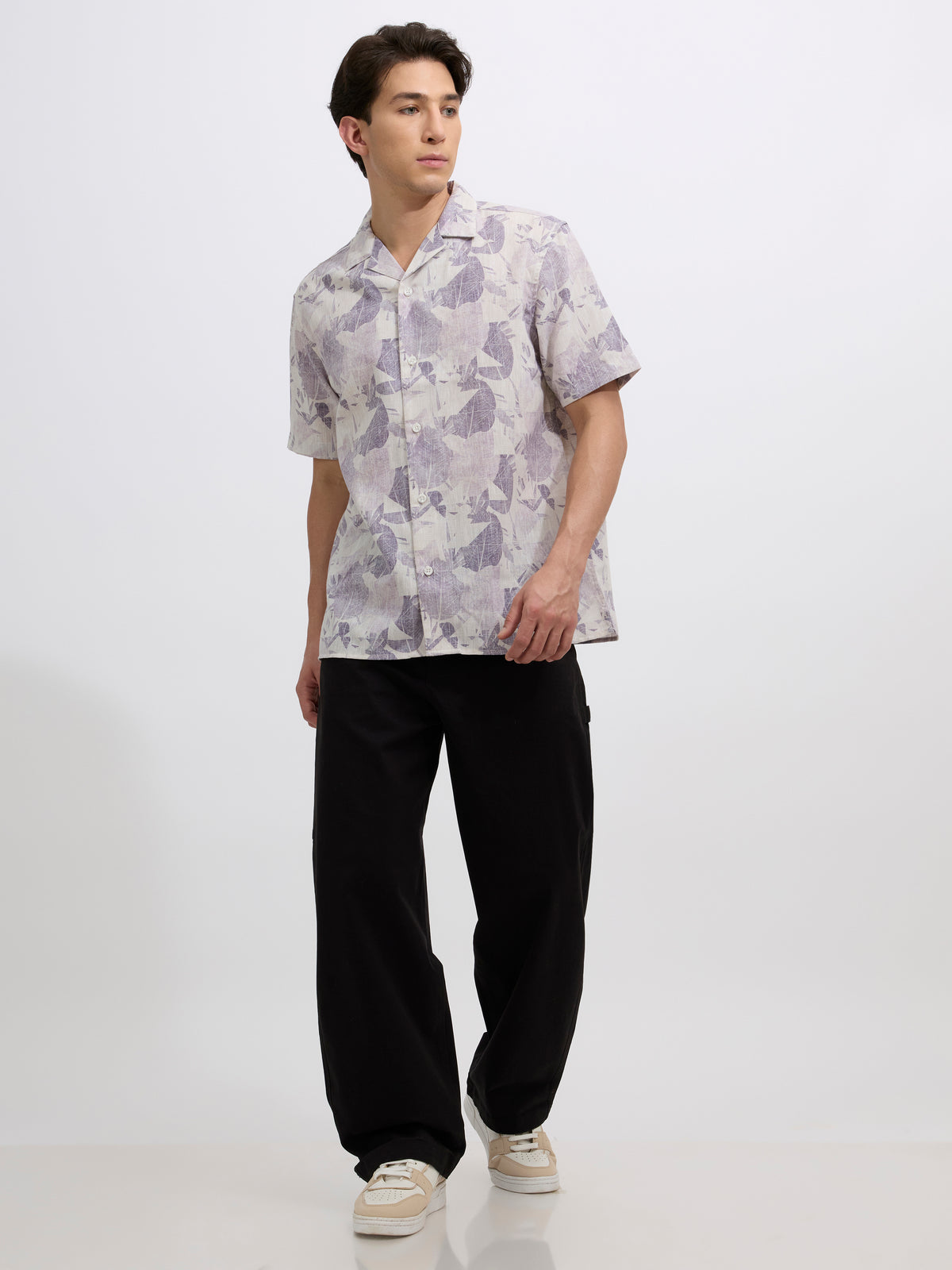 Lennox - Printed Cuban Collar Shirt - Muted Dusty Lavender