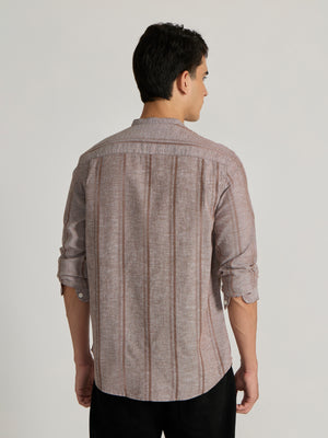 Men's Band Collar Striped Shirt in Brown