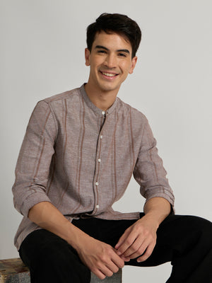 Men's Band Collar Striped Shirt in Brown