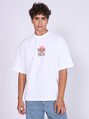 Everston - Brow Brew Printed Baggy T-Shirt - White - Espanshe