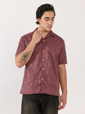 Men's Embroidered Cuban Collar Shirt - Plum
