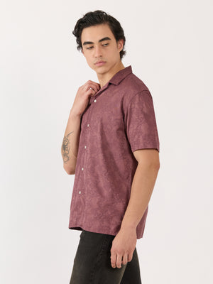 Men's Embroidered Cuban Collar Shirt - Plum