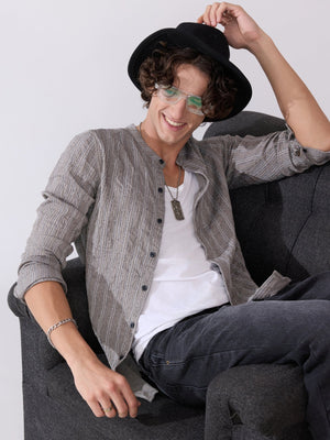 Aumena - Crinkle Pattern Striped Band Neck Shirt - Grey - Espanshe