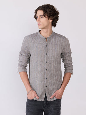 Aumena - Crinkle Pattern Striped Band Neck Shirt - Grey - Espanshe