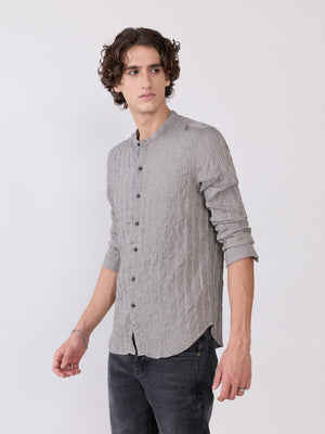 Aumena - Crinkle Pattern Striped Band Neck Shirt - Grey - Espanshe