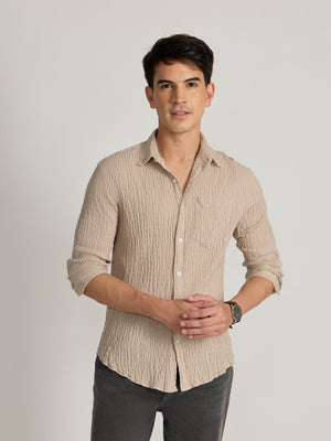 Men's Crinkled Checked Shirt in cream