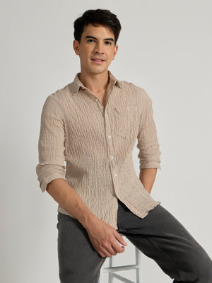Men's Crinkled Checked Shirt in cream