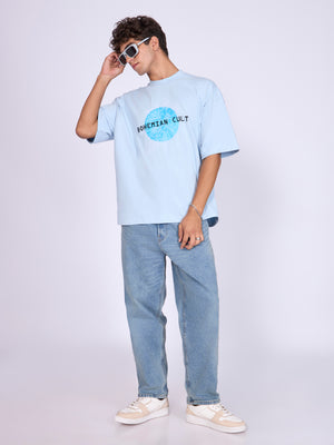Men's Printed Baggy T-Shirt - Baby Blue