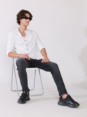 Aumena - Crinkle Pattern Striped Band Neck Shirt - White - Espanshe