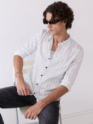 Aumena - Crinkle Pattern Striped Band Neck Shirt - White - Espanshe
