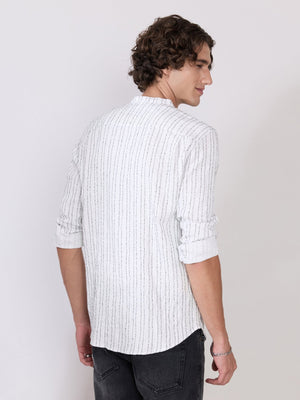 Aumena - Crinkle Pattern Striped Band Neck Shirt - White - Espanshe