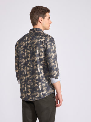 Men's Satin Digital Printed Shirt - Olive Green