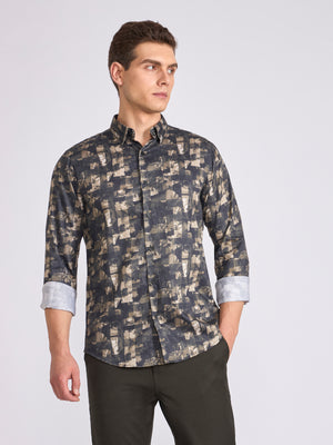 Men's Satin Digital Printed Shirt - Olive Green