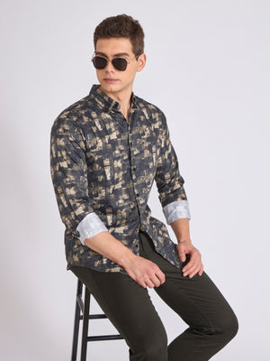 Men's Satin Digital Printed Shirt - Olive Green