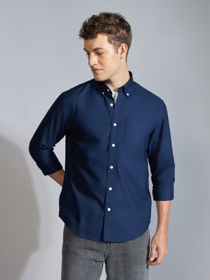 Orbit - Relaxed Fit Oxford Shirt With Elbow Patch - Navy - Espanshe