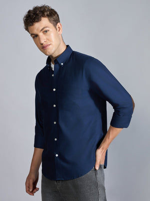 Orbit - Relaxed Fit Oxford Shirt With Elbow Patch - Navy - Espanshe