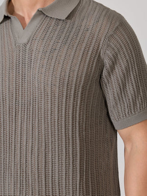 Kikeos-2 - Regular Fit Open Knit Polo T-Shirt - Brushed Nickel - Espanshe