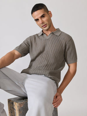 Kikeos-2 - Regular Fit Open Knit Polo T-Shirt - Brushed Nickel - Espanshe