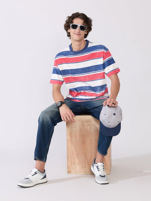 Ionathan - Loose Fit Striped Crew T-Shirt - Blue - Espanshe