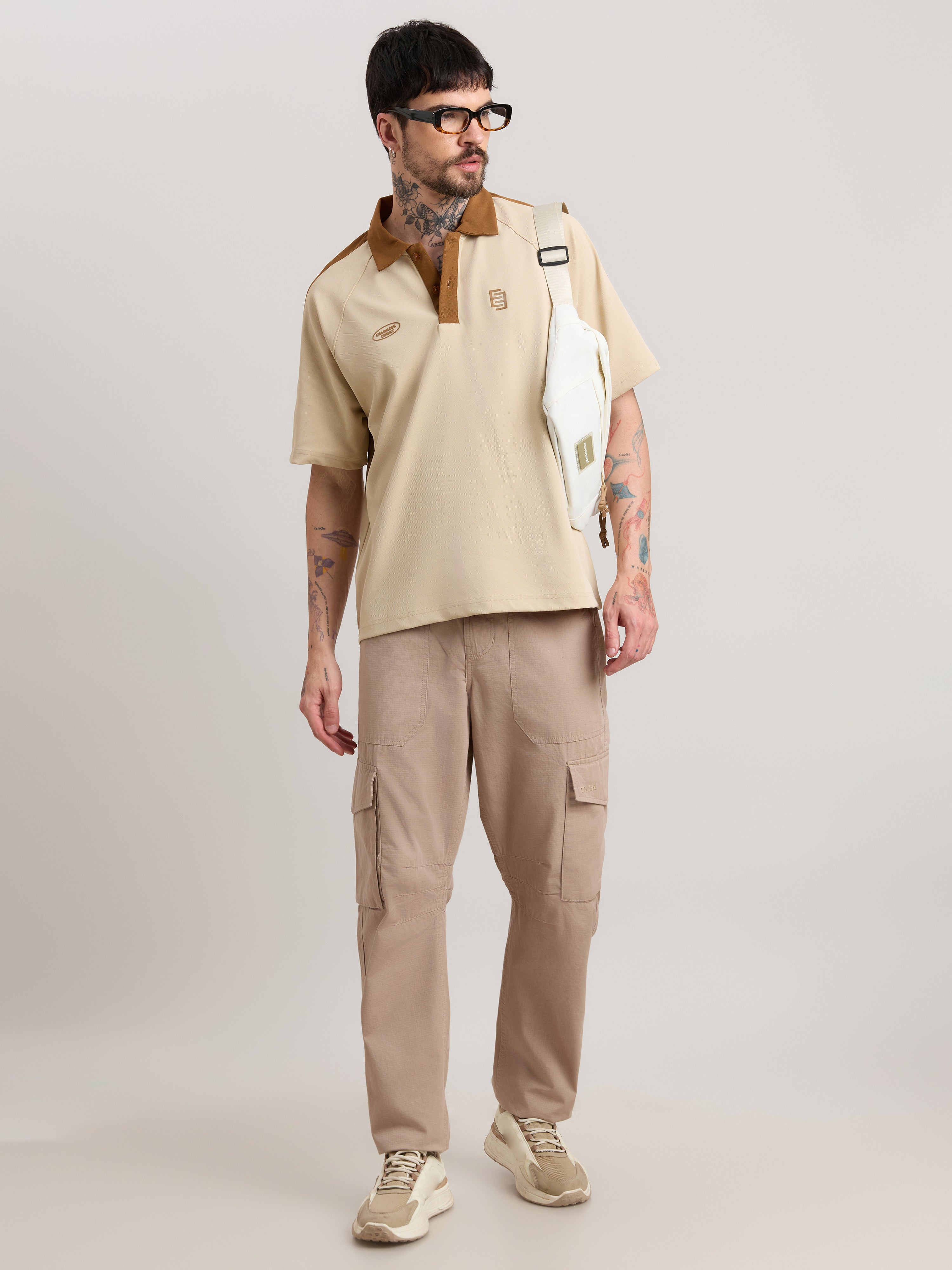 Xomis - Relaxed Fit Printed Polo T-Shirt - Beige