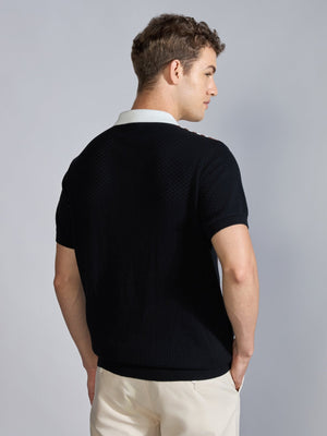 Kikeos-6 - Regular Fit Half Zip Stripe Knit Polo T-Shirt - Black - Espanshe
