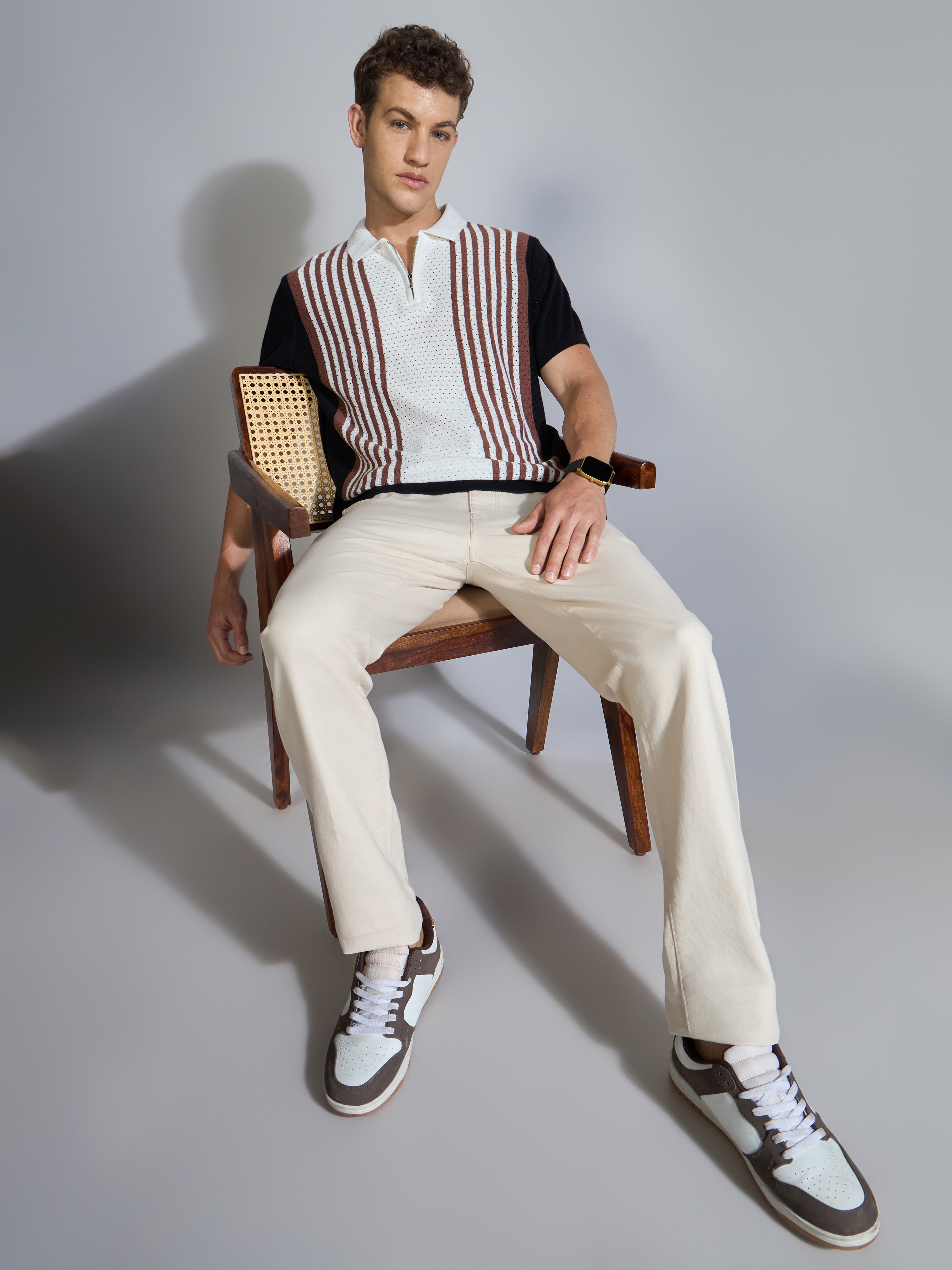 Men's Regular Fit Half Zip Stripe Knit Polo T-Shirt in black