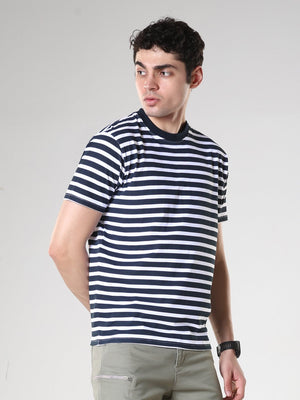 Striped Round Neck T-Shirt- Navy Blue - Espanshe