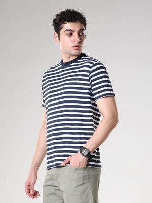 Striped Round Neck T-Shirt- Navy Blue - Espanshe