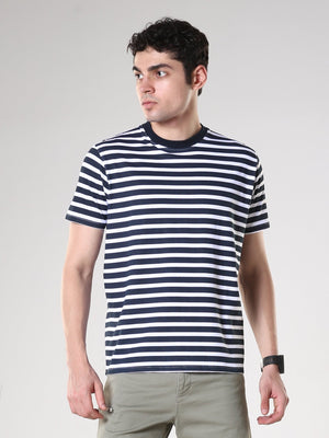 Striped Round Neck T-Shirt- Navy Blue - Espanshe